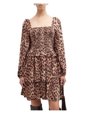 EUC Figue Marcella Leopard Print Puff Sleeve Tiered Smocked Mini Dress Size S